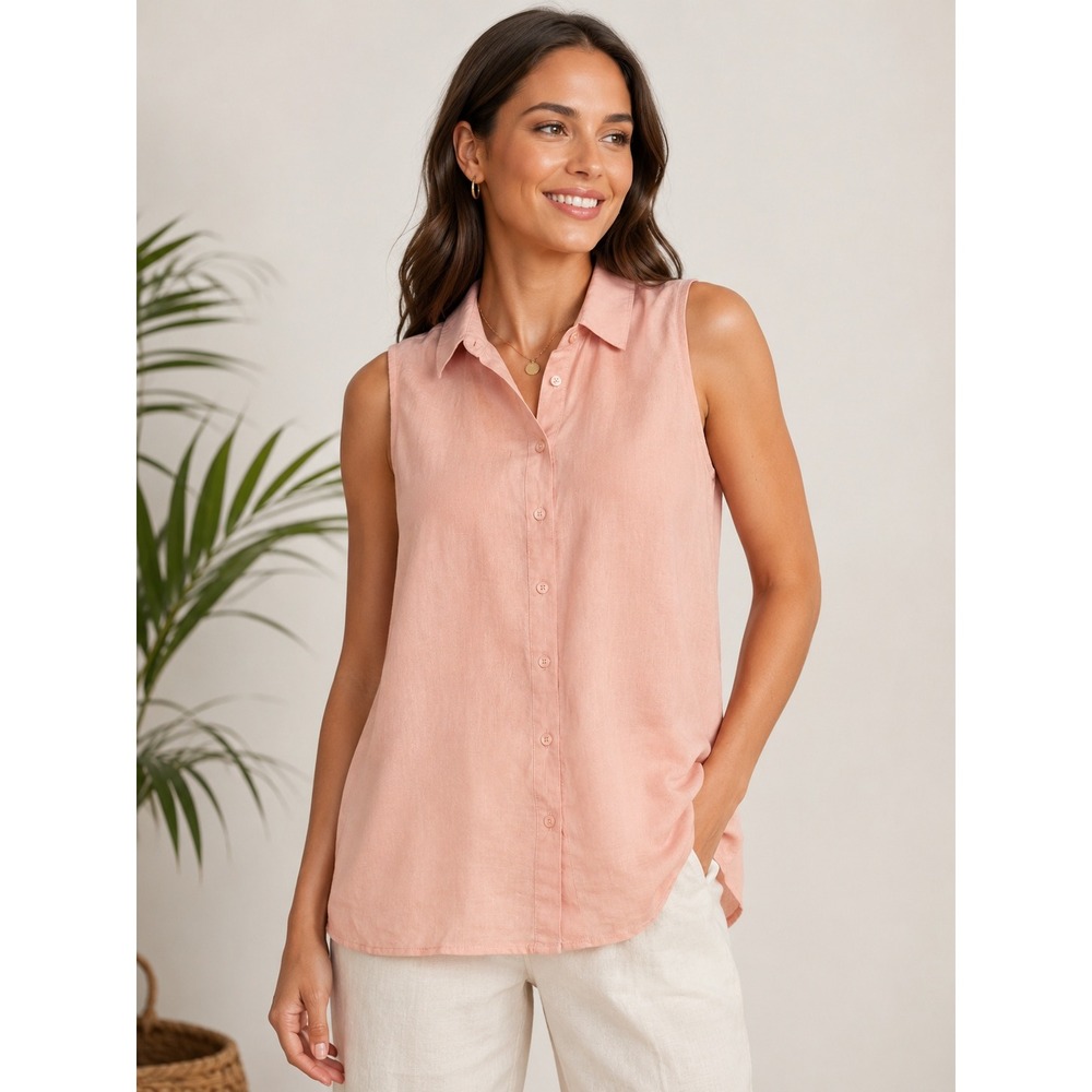 Garnet Hill‎ 100% Linen Sleeveless Button Front Tunic Top Women's Size 12 Peach